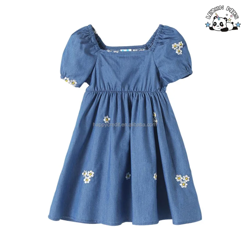 LEZONKIDS - Customizable Summer New Embroidery Bubble Sleeve Flowers Children's Denim Dress Little Girls Dress